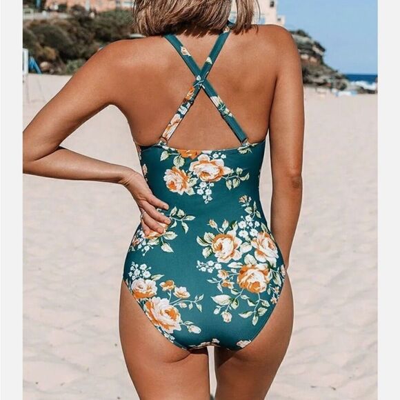Cupshe Teal Floral Scalloped Crisscross One Piece Swimsuit | size XL | NWT - Picture 2 of 11